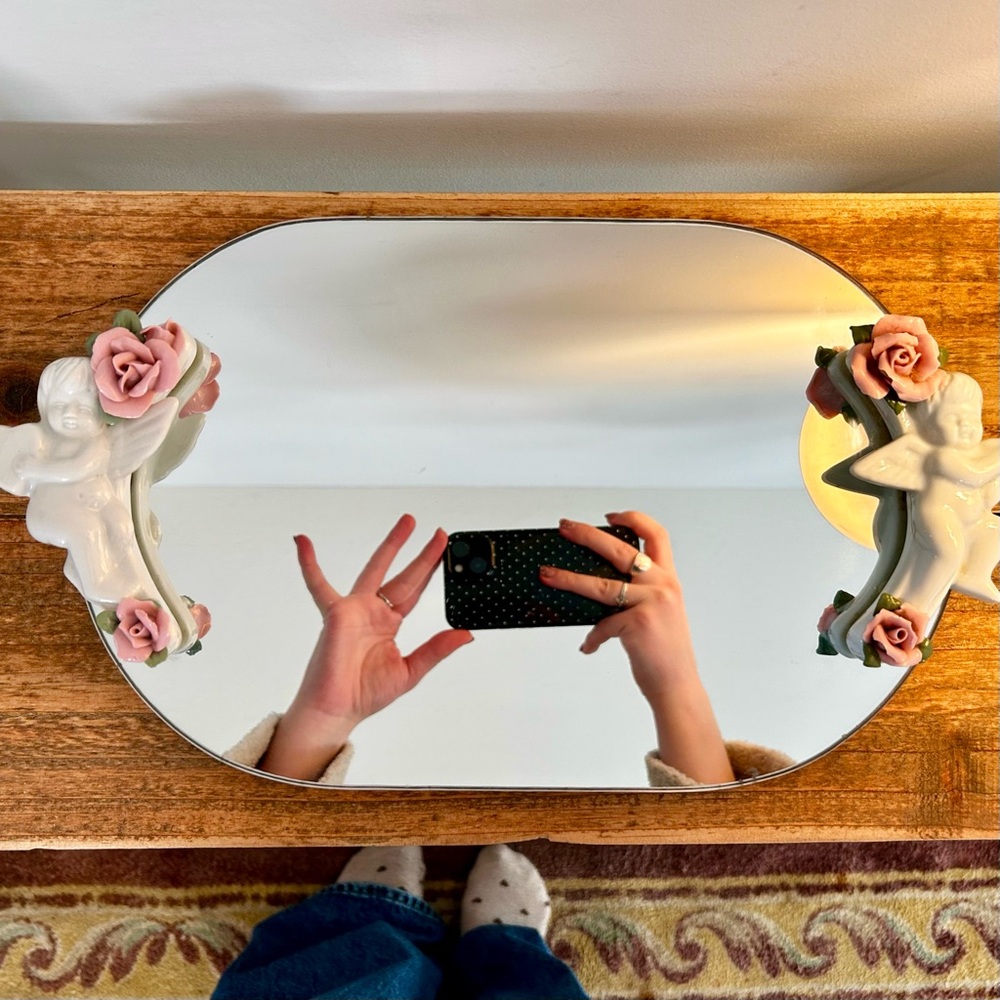 Decorative Mirror with Cherub and Rose Accents